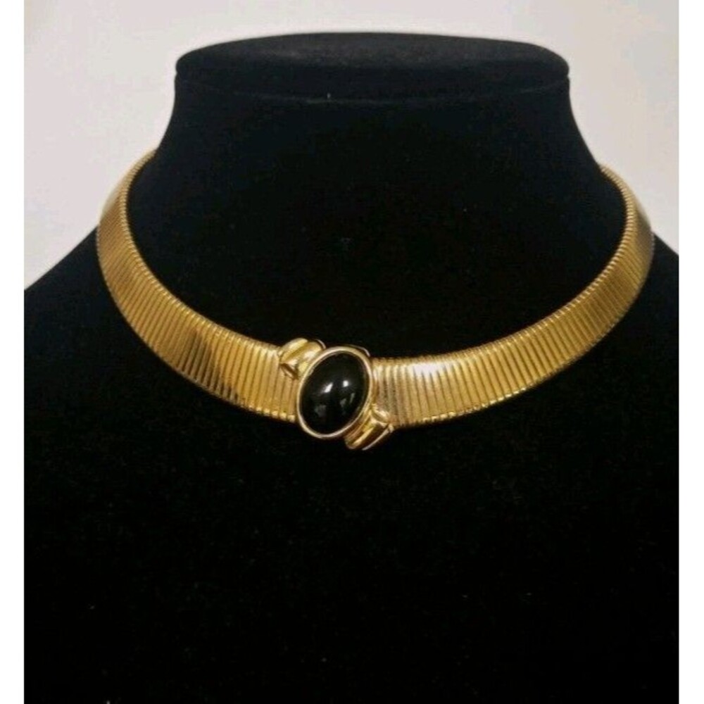 Vintage Monet Omega Chain Necklace with Black Cabochon Stone- Gold Tone 12"